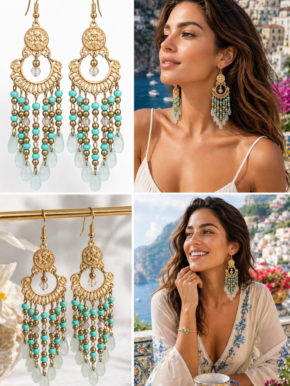 Boho Gold Tone Turquoise Chandelier Earrings Statement Coastal Luxe